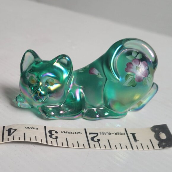 Fenton Hand Painted & Signed Green Iridescent Floral Cat Figurine 4" Long